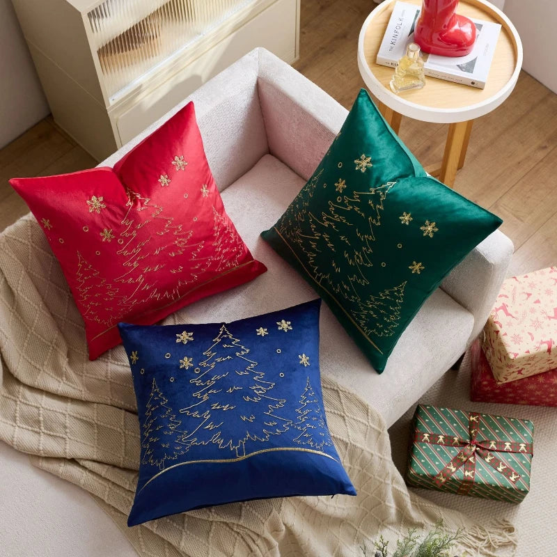 housse coussin brodée arbre noël moderne 45x45cm polyester coton velours rouge vert bleu gris