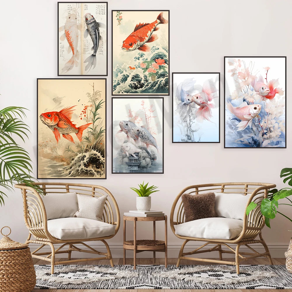 Sélection de peintures et d'illustrations de poissons rouges dans un style japonais, créant une ambiance apaisante et naturelle dans cette salle de séjour.