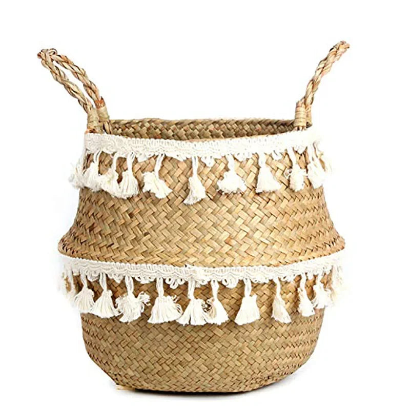 panier tressé marron blanc franges boho durable réutilisable rangement plantes écologique pliable