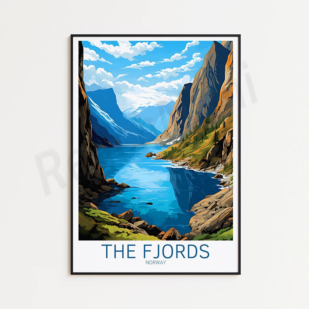 Une peinture magnifique représentant un paysage idyllique des fjords de Norvège, avec des montagnes vertigineuses, une eau turquoise et des nuages blancs dans un ciel bleu.