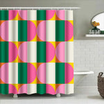 rideau douche moderne géométrique vert rose jaune blanc anneaux fixation 150x180cm