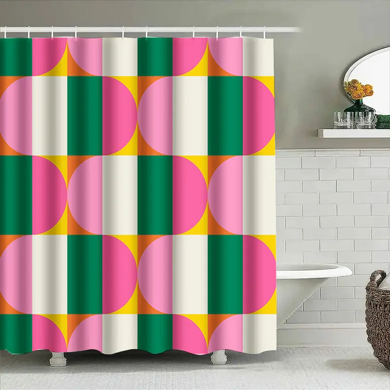rideau douche moderne géométrique vert rose jaune blanc anneaux fixation 150x180cm