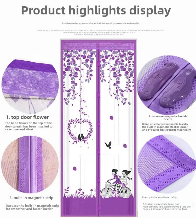 rideau porte magnétique violet fleurs feuilles moderne opacité ventilation anti insectes