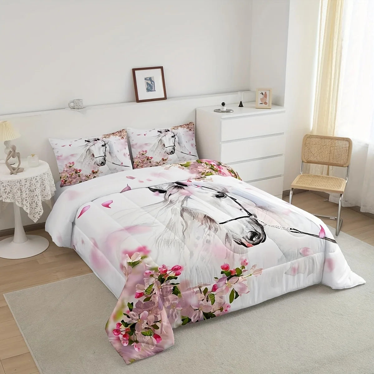 ensemble literie moderne floral cheval blanc couleurs rose gris double queen king twin