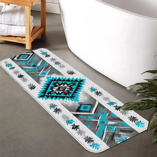 tapis long moderne motif géométrique gris bleu blanc salon couloir cuisine intérieur maison polyester