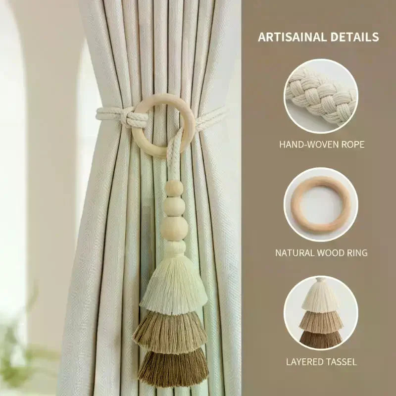 rubans fenêtre boho chic pompons gradation couleurs anneaux bois beige marronclair tissé
