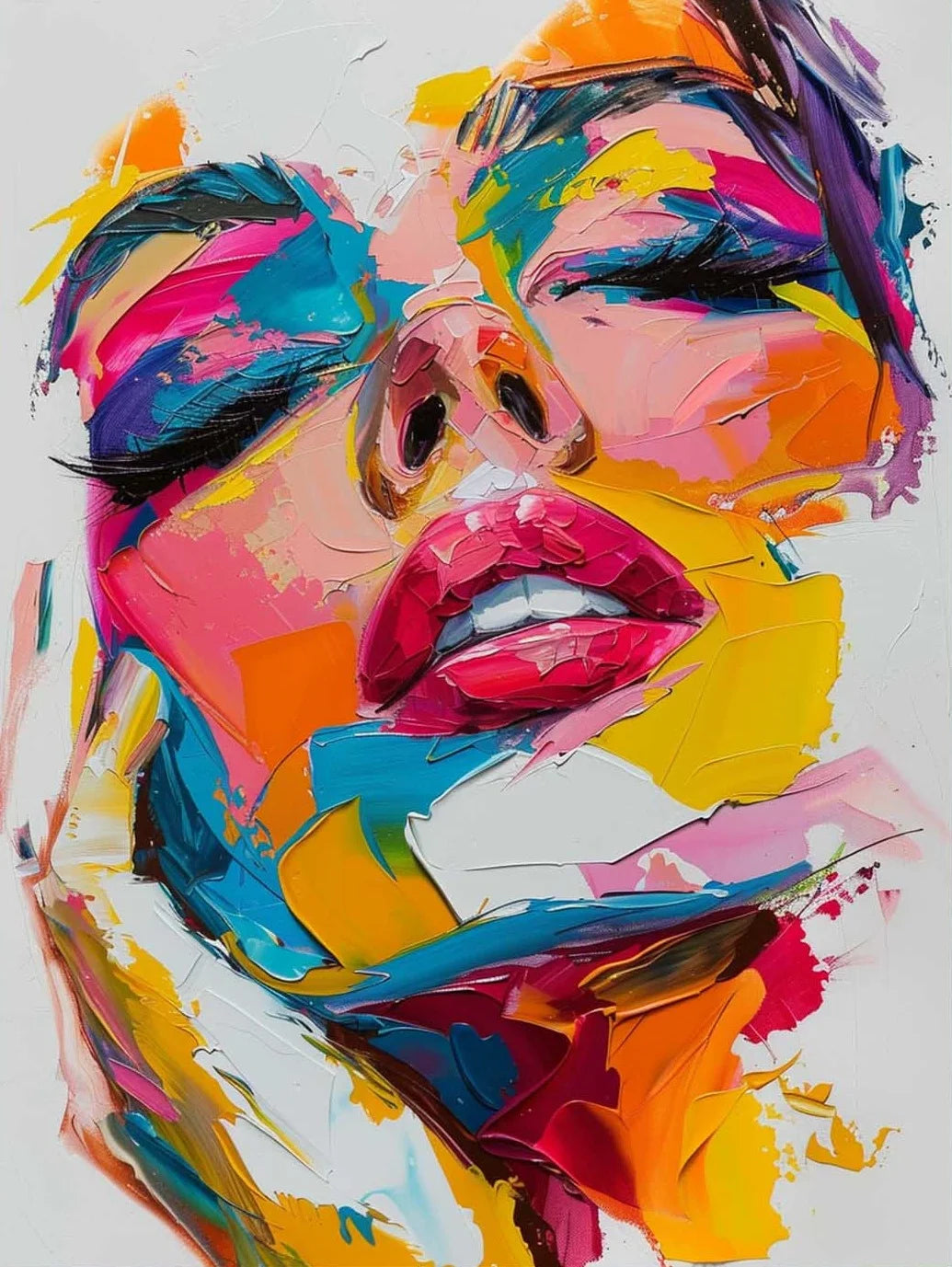 tableau abstrait multicolore contemporain expressionniste sans cadre portrait femme toile peinte décoration intérieure moderne