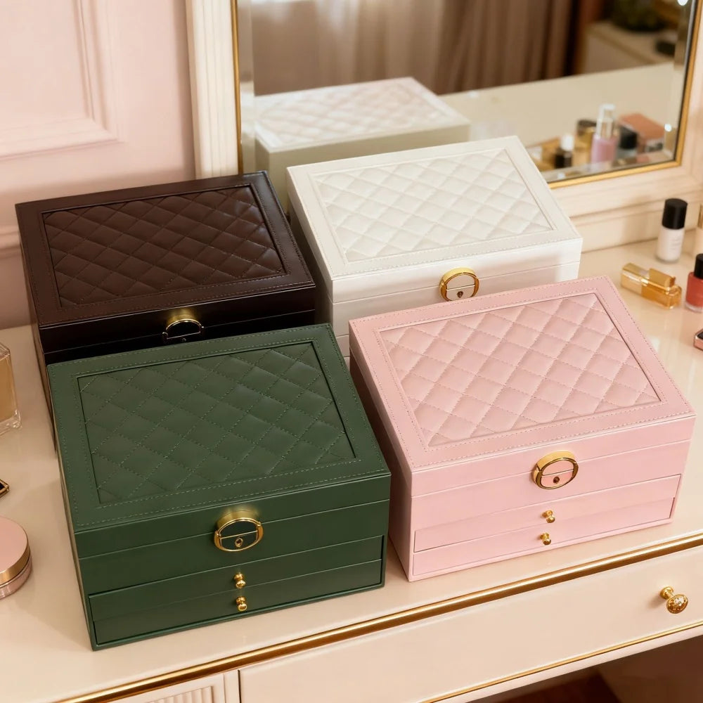 boîte rangement bijoux cuir motifs géométriques compartiments velours classique vert noir blanc rose chic