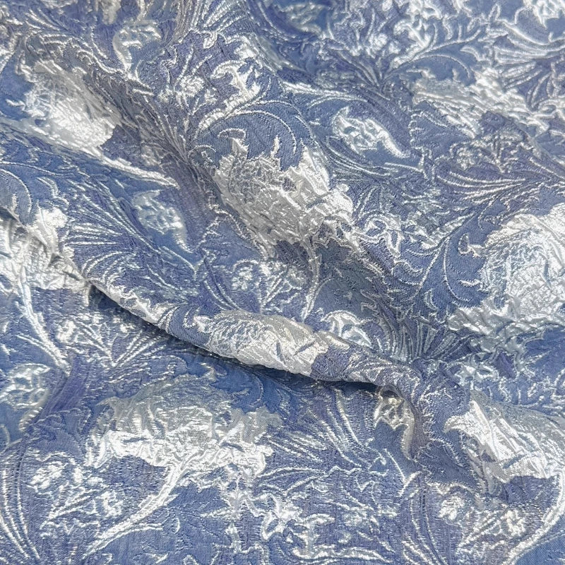 tissu brodé floral bleu argenté brillant polyester maison bricolage été hiver decoration handmade respirant
