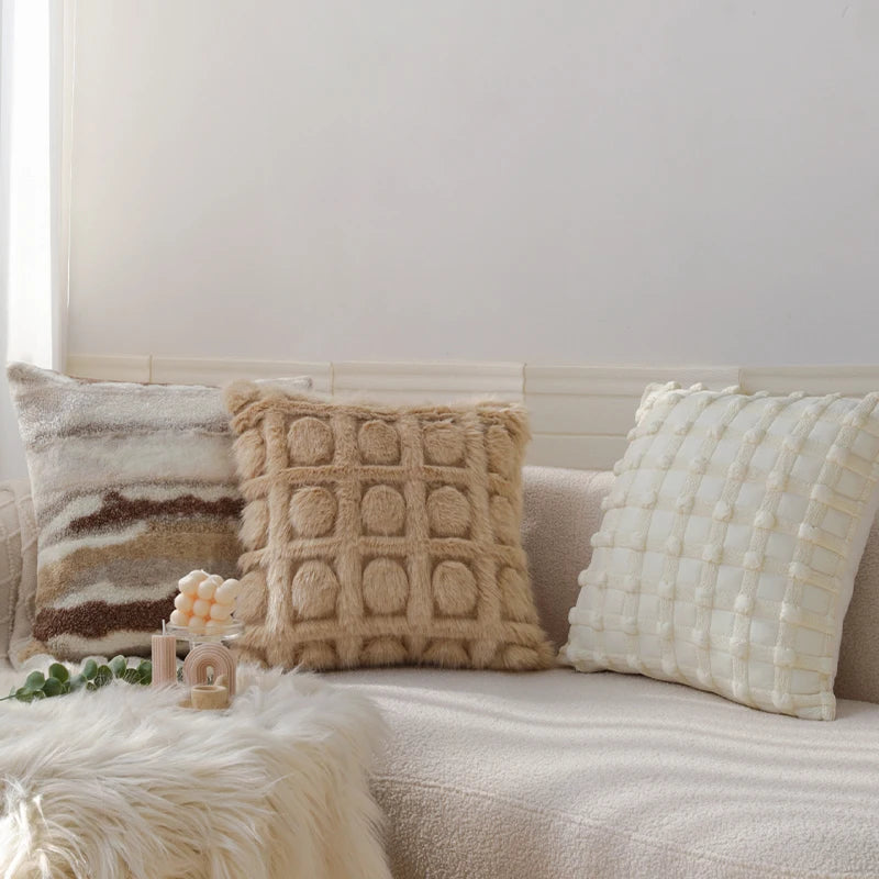 coussins décoratifs modernes 45x45cm beige marron blanc motif géométrique opaques maison