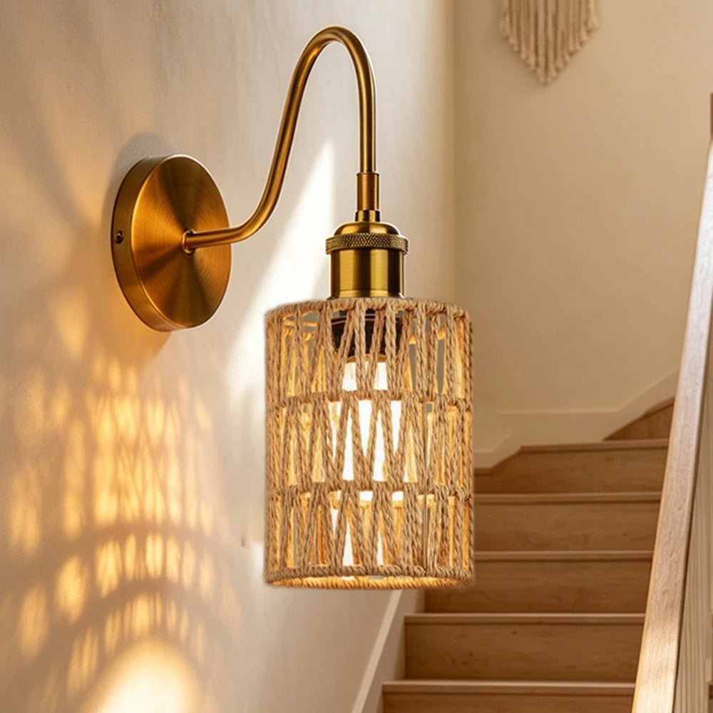 lampe murale moderne rustique or tissé naturel fixée chambre salon salle bain