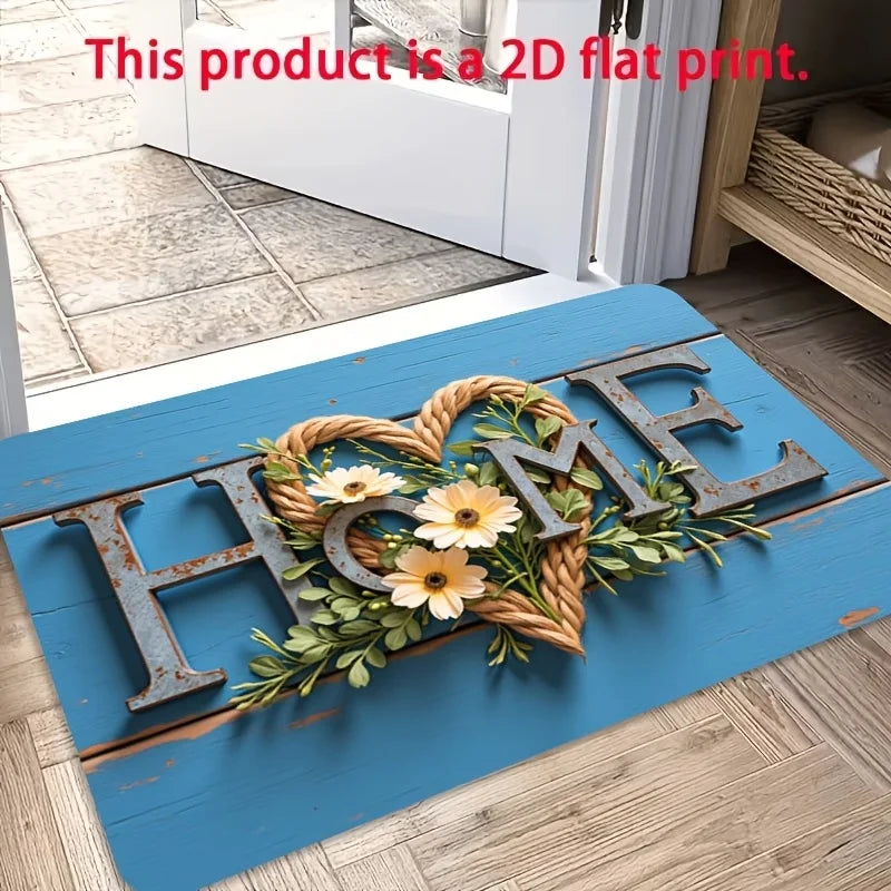 tapis d'entrée bleu marine lettres sweet motifs floraux rustique 40x60cm résistant rides vintage