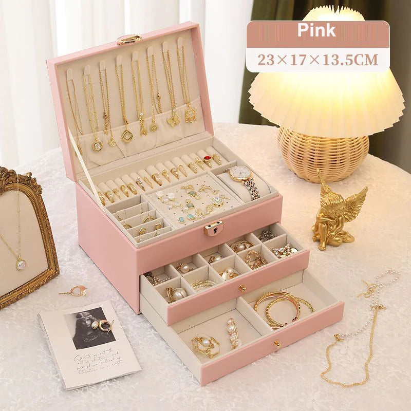 boîte bijoux simili cuir portable miroir moderne élégante poignées métalliques compartiments