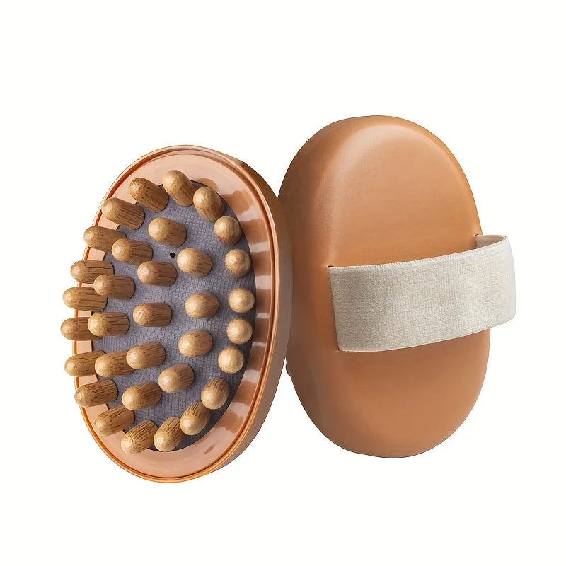 brosse massage relaxation corps bille bois surface rugueuse ceinture élastique marron gris praticité moderne