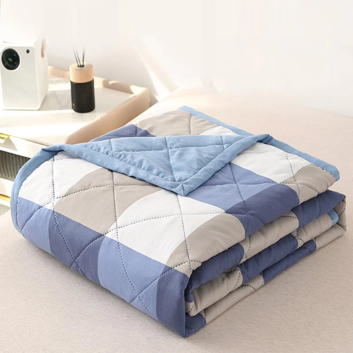 couverture carreaux bleu blanc gris moderne portable hiver été lit simple doubleversible machine