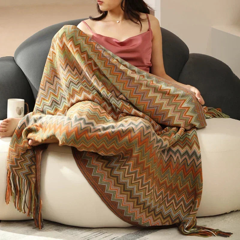 couverture multicolore zigzag ethnique portable anti boulochage acrylique polyester adultes printemps automne voyage maisonhôtel