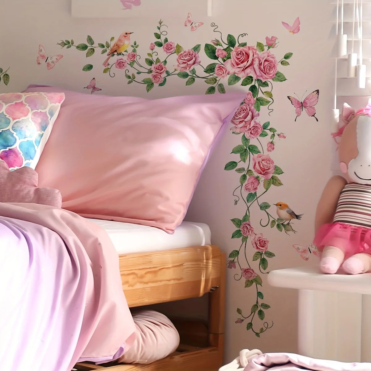 sticker mural floral rose feuilles vertes papillons oiseaux adhésif réutilisable chambre décoration contemporaine