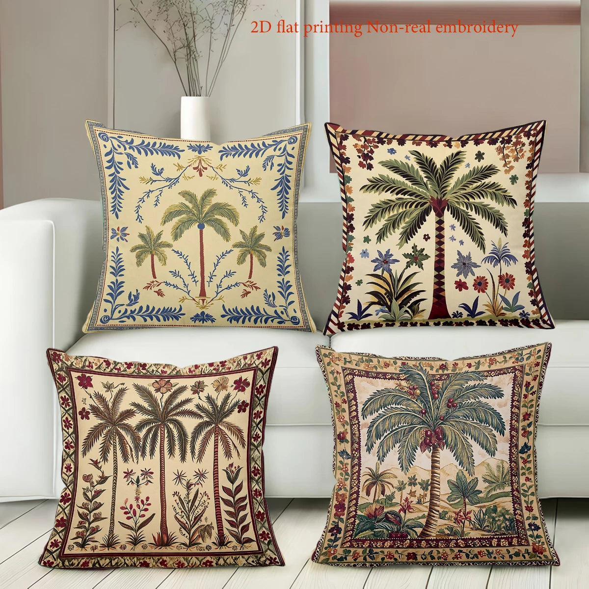 coussin carré imprimé palmiers couleurs vives tropical zippé 100% polyester dimensions 35x35cm 60x60cm