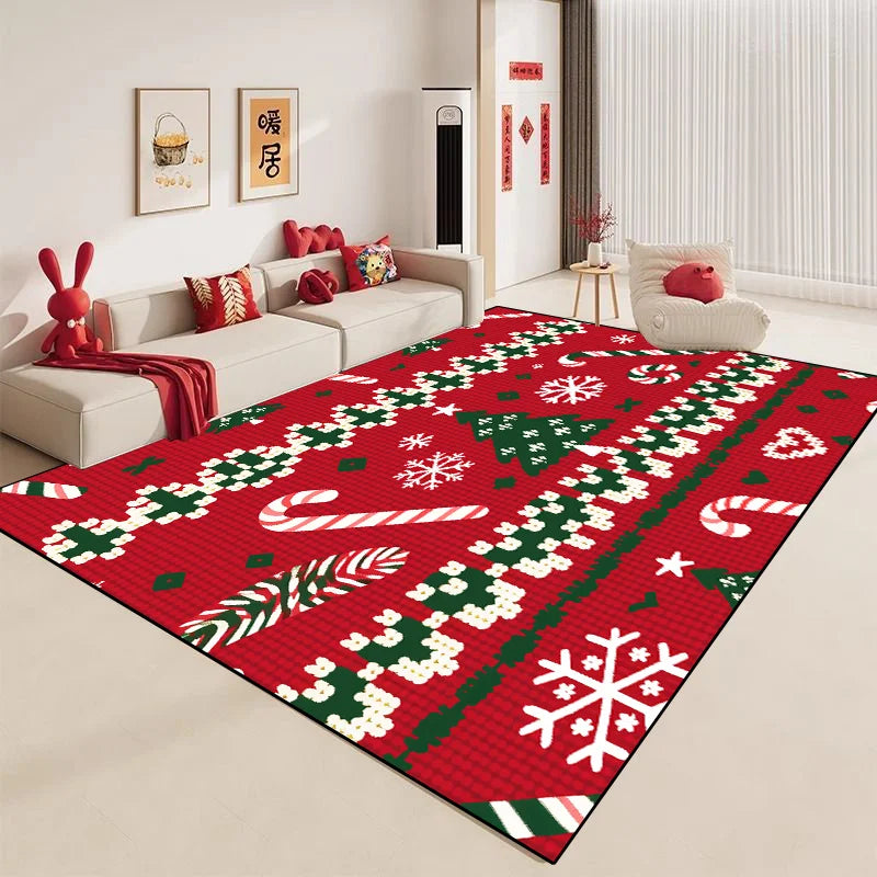 Un tapis rouge et vert orné de motifs de Noël, tels que des flocons de neige, des cannes de bonbon et des formes de sapin, créant une atmosphère festive et chaleureuse dans cette pièce aménagée avec des meubles confortables.