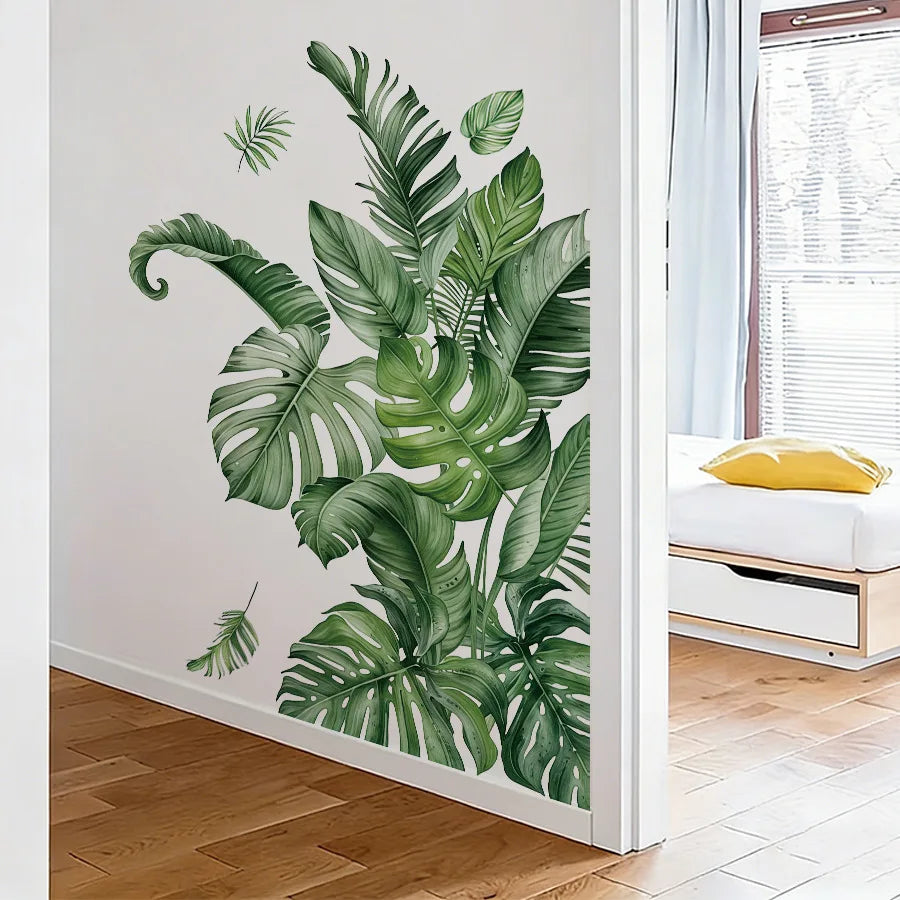 sticker mural moderne feuilles tropicales grandes tailles décoration maison autocollant vert blanc 3d removable