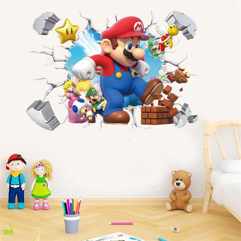 sticker mural 3d dessin animé jeu vidéo brique couleurs variées adhésif intérieur chambre salon