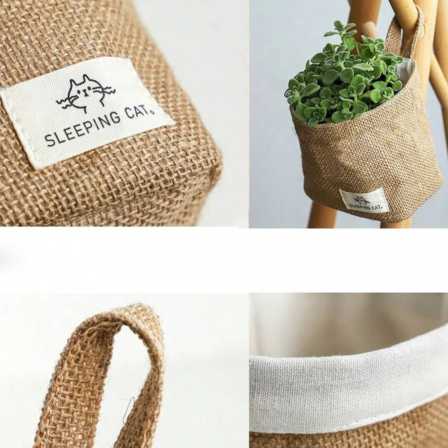 sac main vintage toile jute beige blanc rustique poignée amovible étiquette chat endormi
