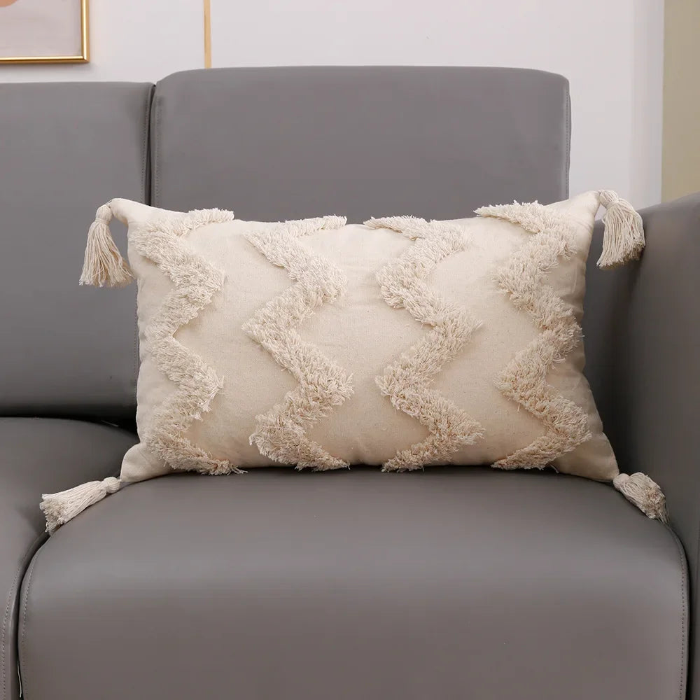 coussin carré géométrique blanc boho chic franges opaques décoration maison voiture