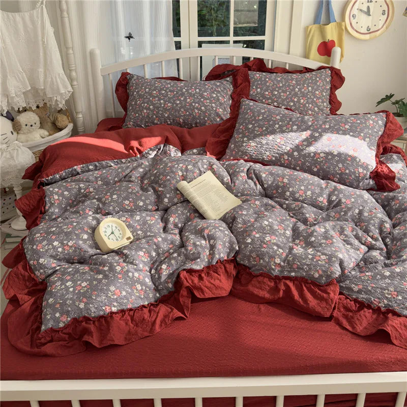 ensemble literie princesse housse couette drap taies oreiller fleurs roses romantique doux