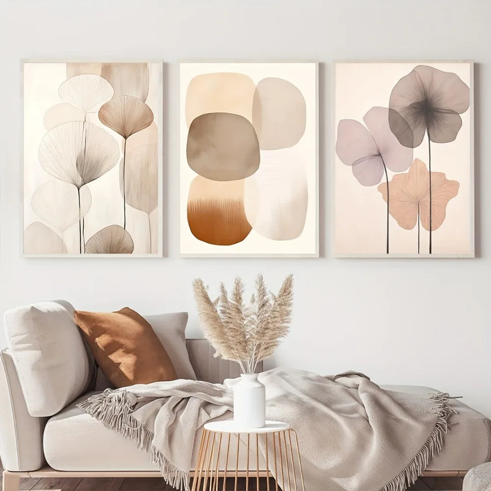 toiles d'art abstrait géométrique minimaliste contemporain beige marron gris rose pâle sans cadre trois