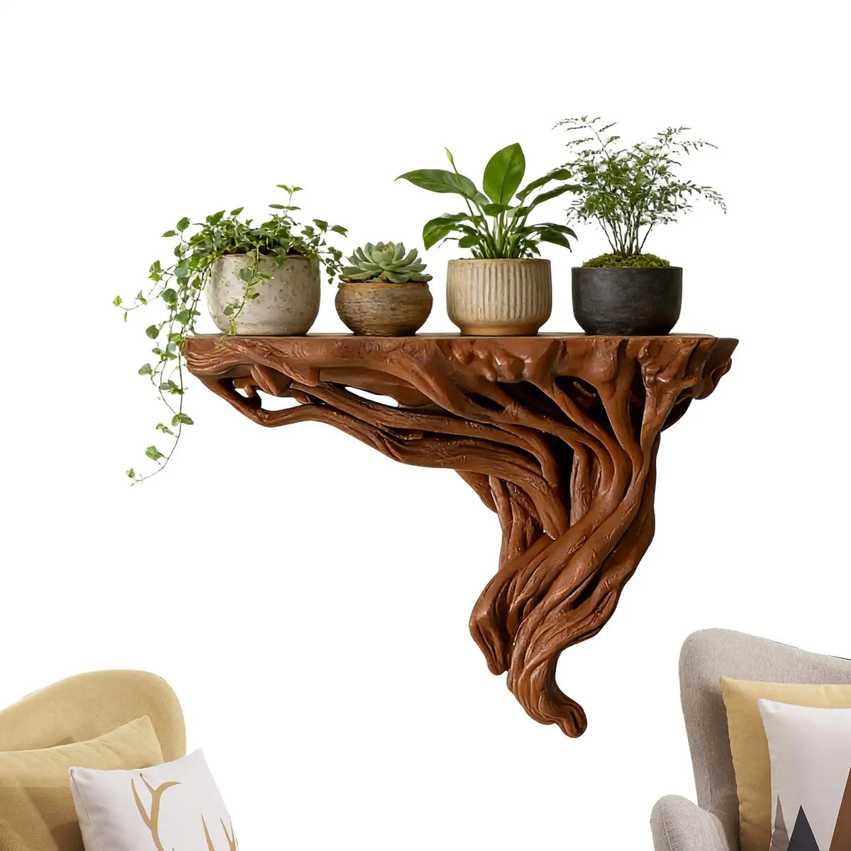 étagère murale marron clair sculptée tronc arbre texture naturelle rustique fixations