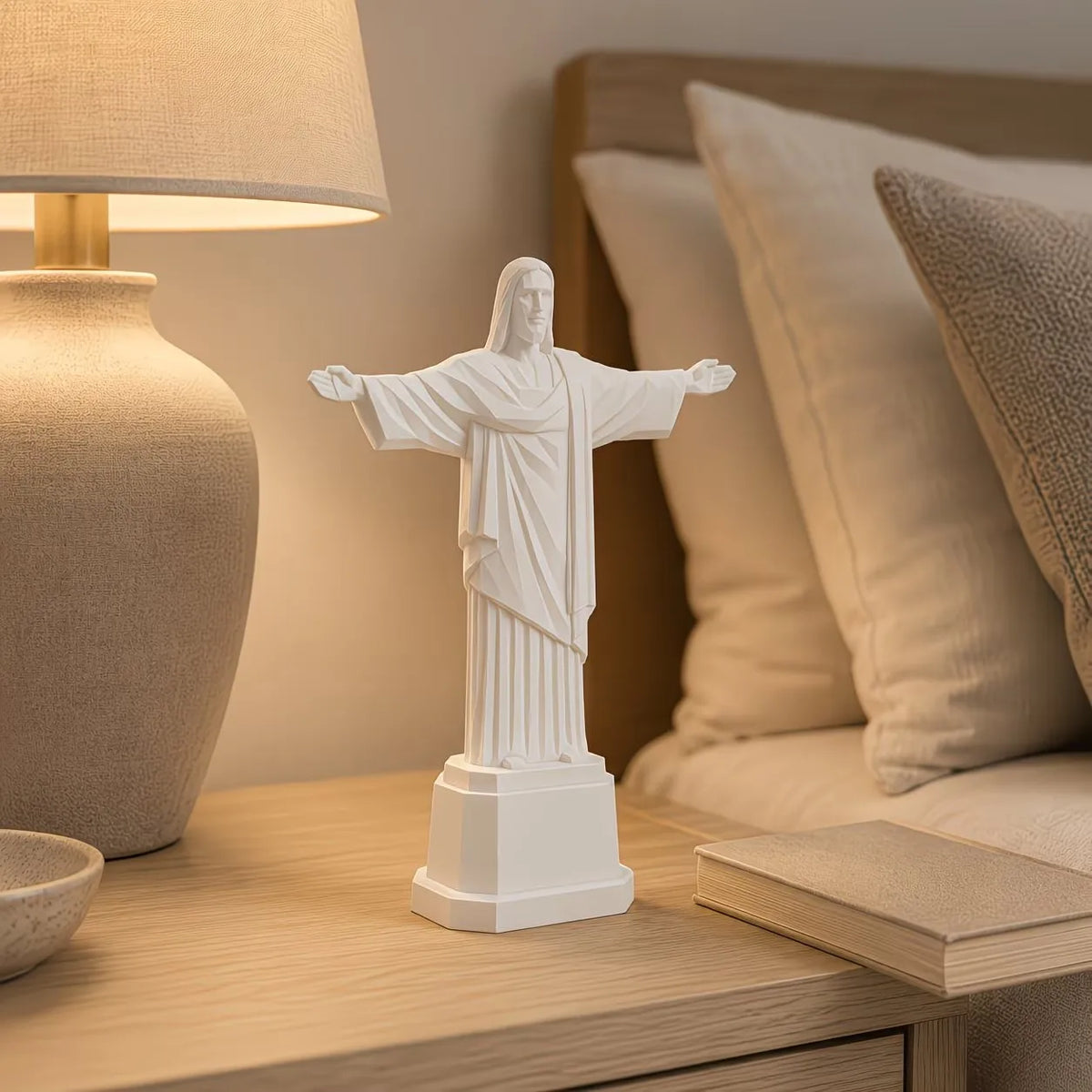 statue jésus christ blanc pose ouverte bras tendus base octogonale décoration intérieure religieuse chambre