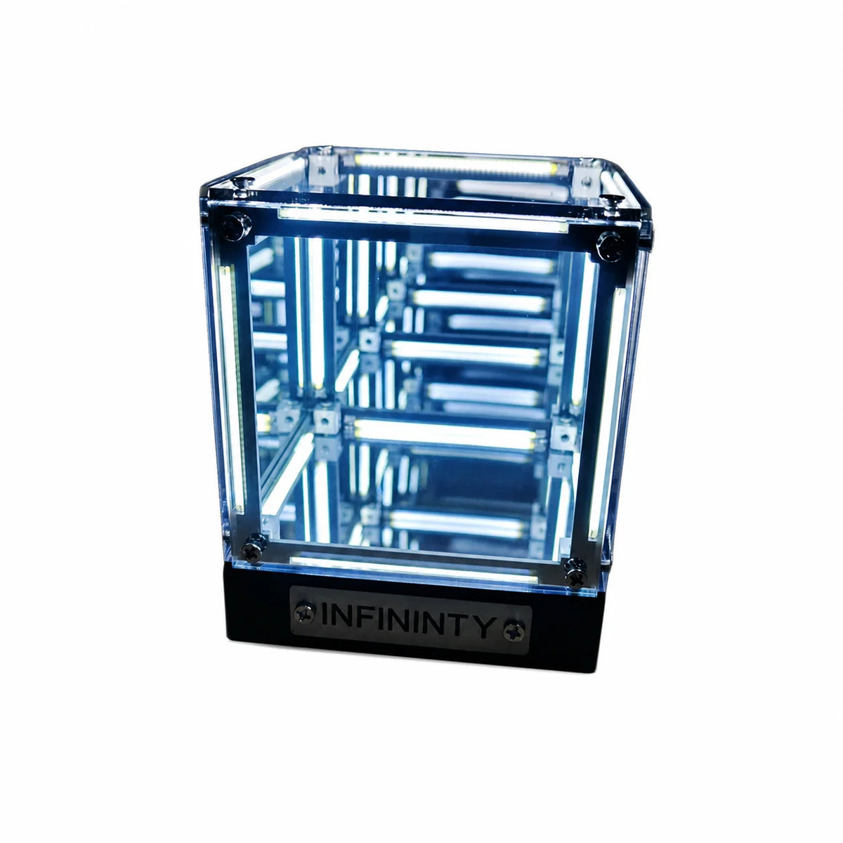 lampe table led transparente bleu clair structure geometrique contemporaine futuriste adhésif base noire infinity