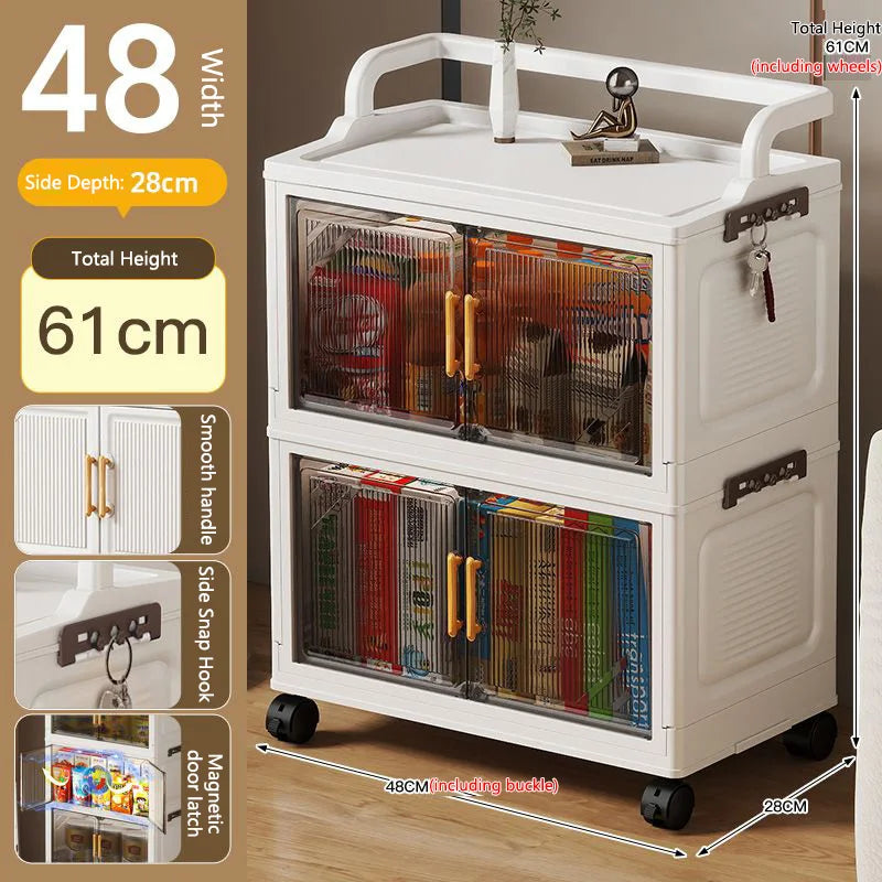 meuble rangement pliable blanc roulettes portes poignées dorées vêtements