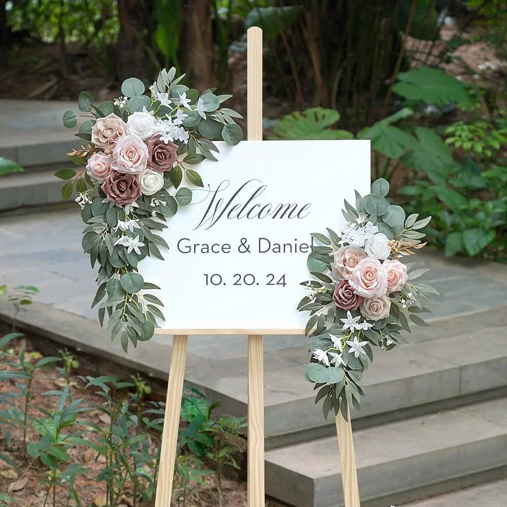 décoration mariage boho panneau bienvenue fleurs artificielles eucalyptus bois texturéextérieur