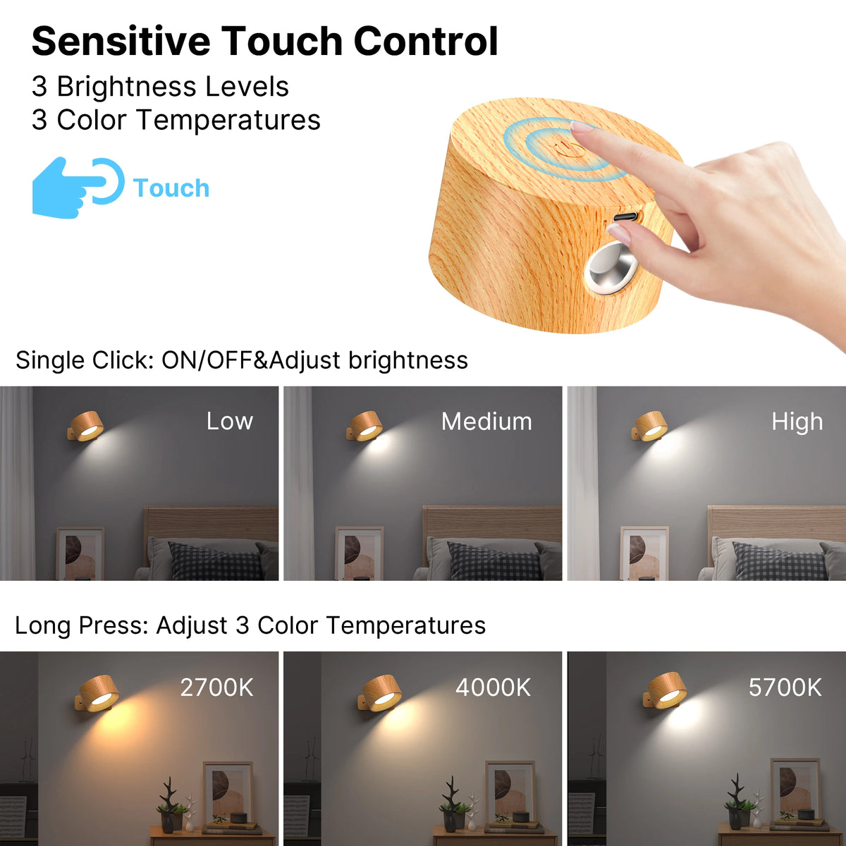 lampe murale moderne minimaliste bois naturel blanc led charge usb tactile