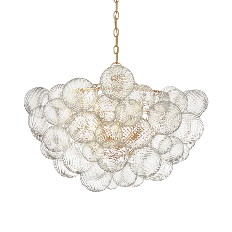 suspension lumineuse moderne verre transparent chaîne dorée led acier poli contemporain lumière chaude chambre