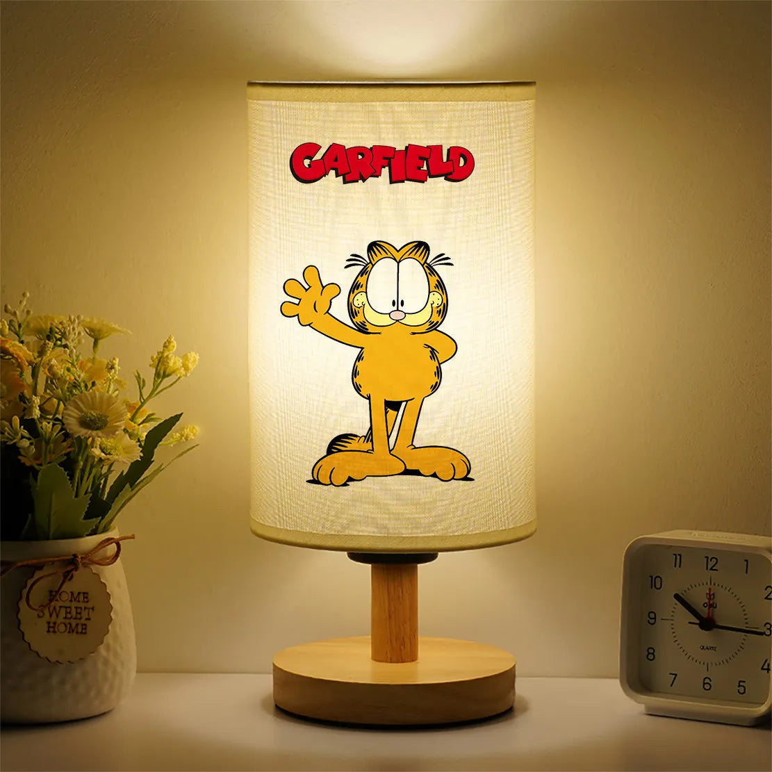 lampe table garfield dessin animé orange beige noir enfant décoration bois nuit creative unique