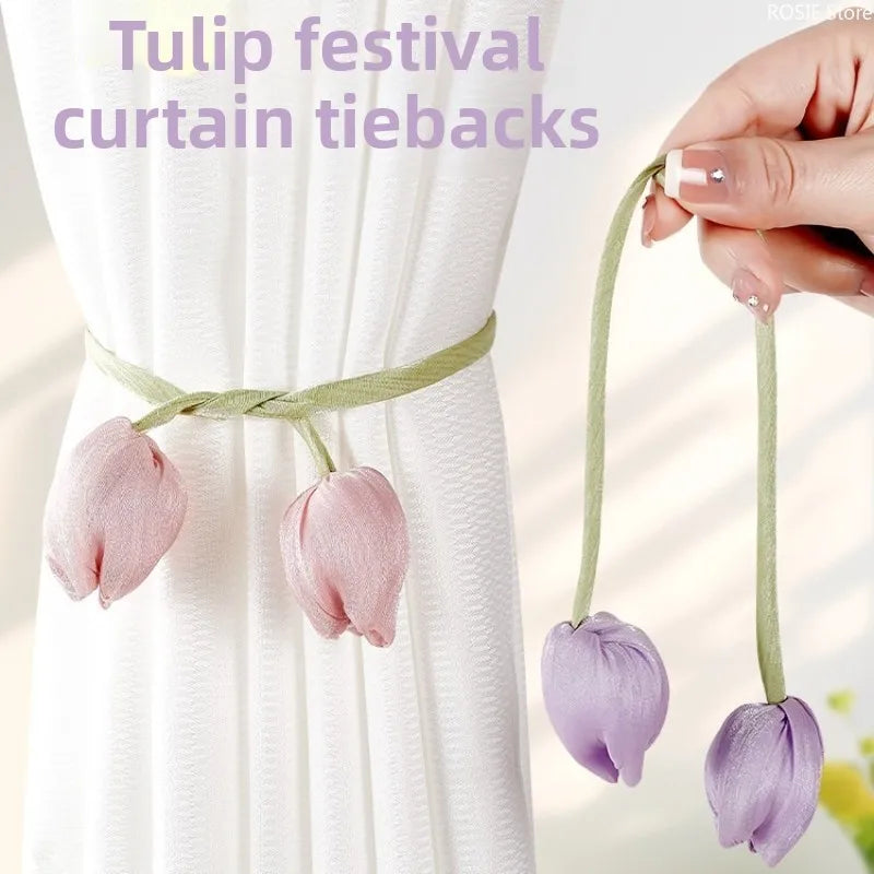 rideau polonais rubans fleurs tulipes vert clair rose bleu violet décoratif floral fixations 51cm