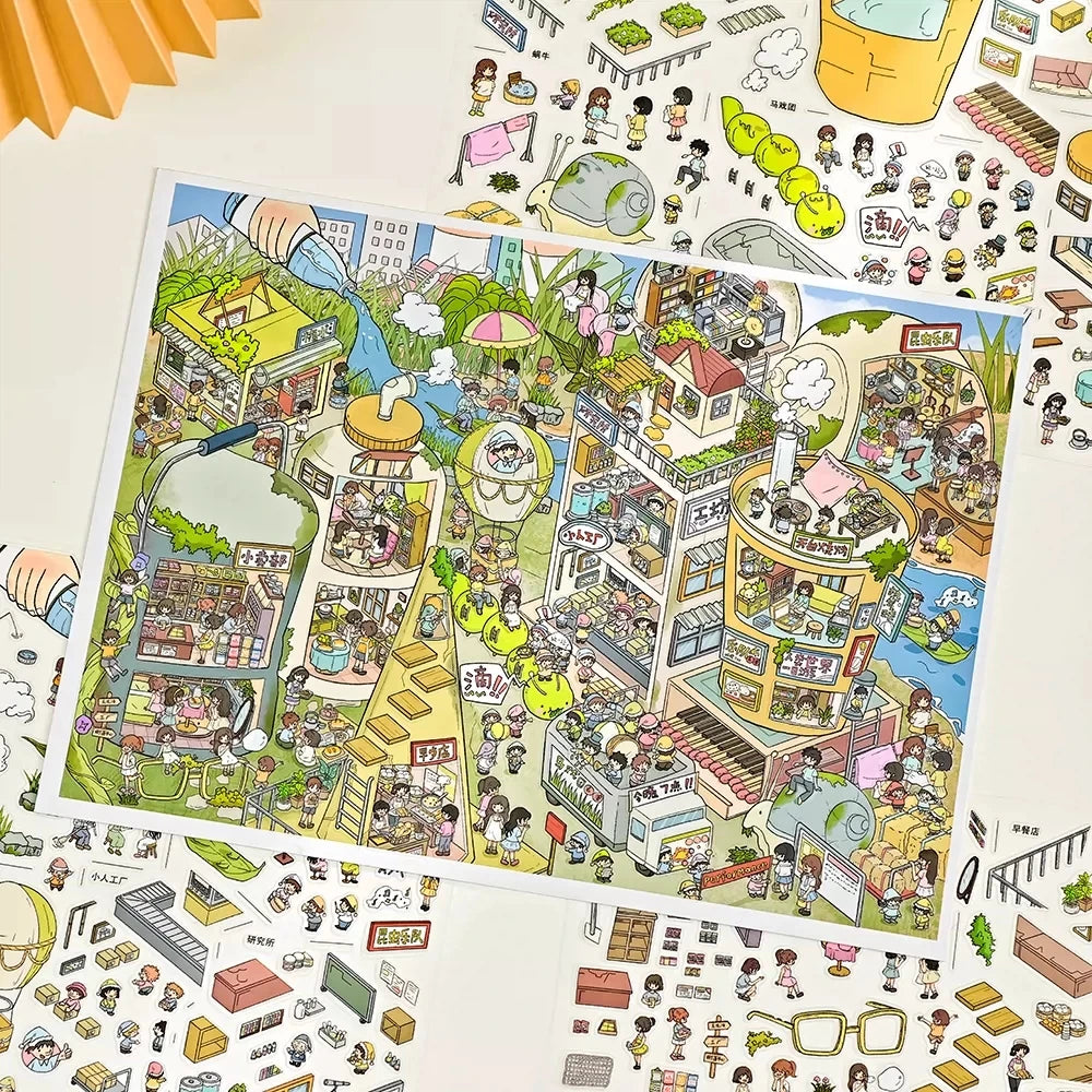 sticker 3d grande taille scène urbaine personnages bâtiments voiture illustration colorée enfants jouet
