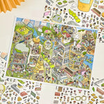 sticker 3d grande taille scène urbaine personnages bâtiments voiture illustration colorée enfants jouet