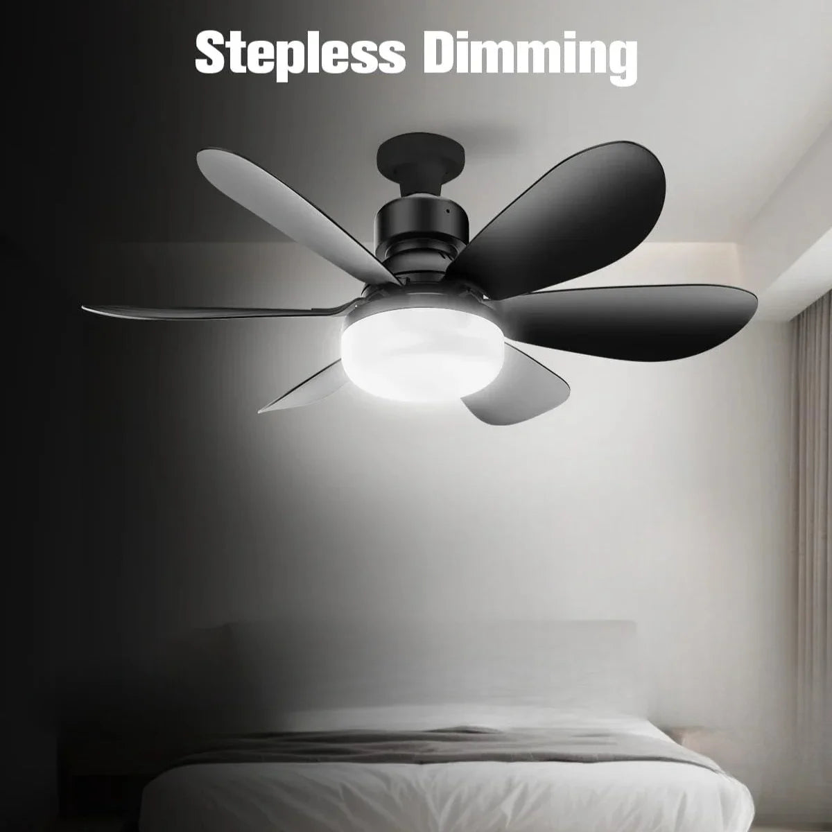 ventilateur lumière intégrée moderne noir blanc 52cm 42cm télécommande led ailes plastique