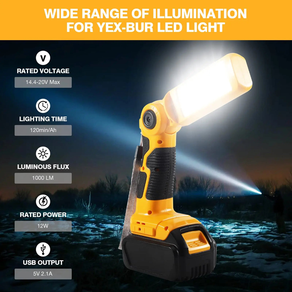 lampe torche led rechargeable jaune noire usb antidérapante pivotante 20w 1000lm