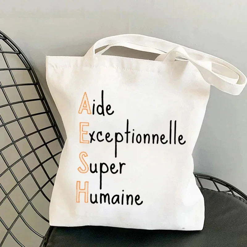 sac main toile imprimée blanc moderne poignées détachables sans fermeture éclair
