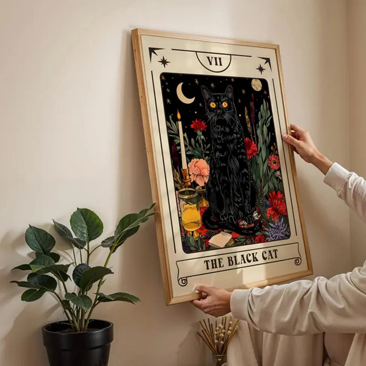 affiche murale tarot moderne nordique chat noir fleurs lunes étoiles décoration chambre salon