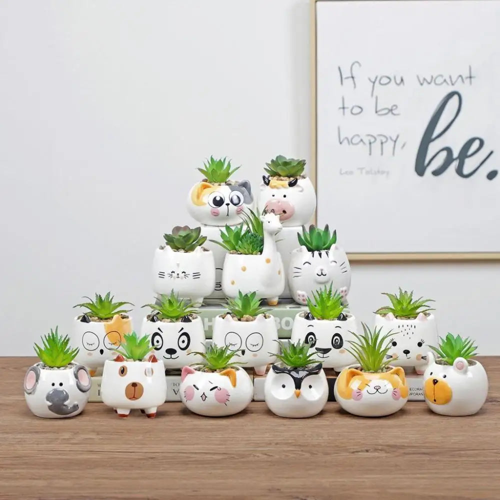 cache pot cartoon visage animé blanc rose jaune noir succulente décoration table adultes unisexe