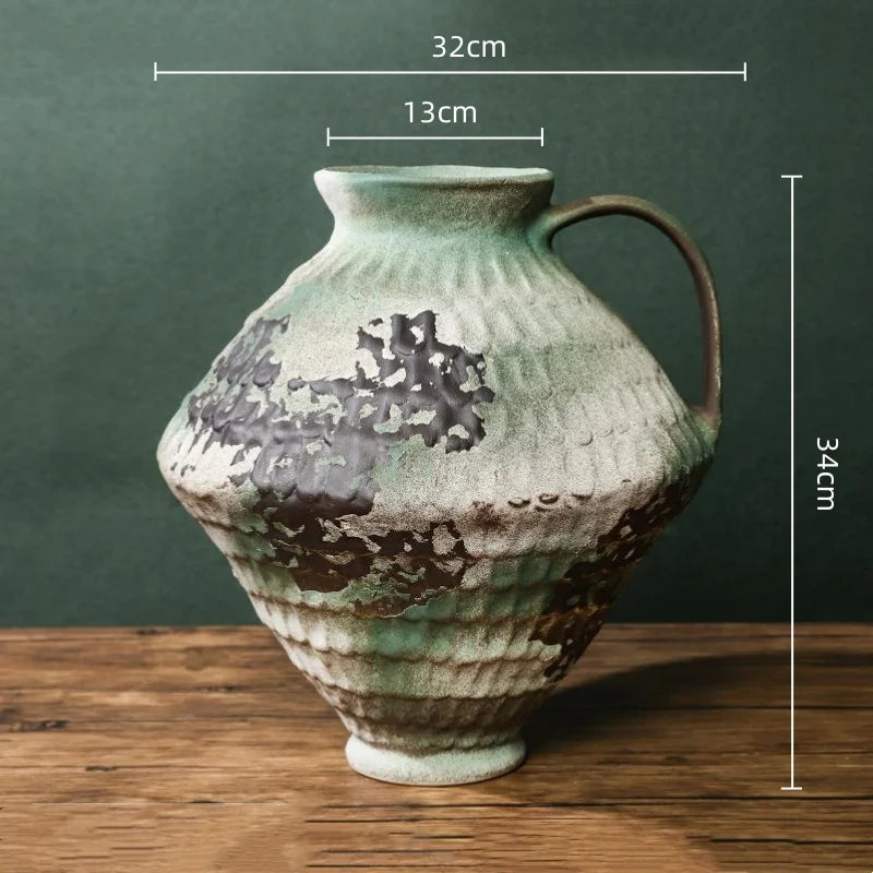 vase moderne rustique blanc marron vert marbré gratté opaques poignée décoration floral arrangement table
