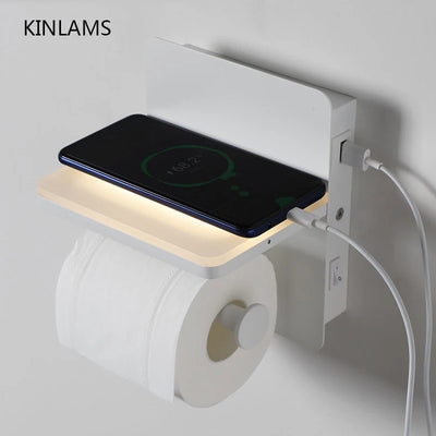 Applique murale WC avec lampe LED USB et porte-papier hygiénique en aluminium blanc