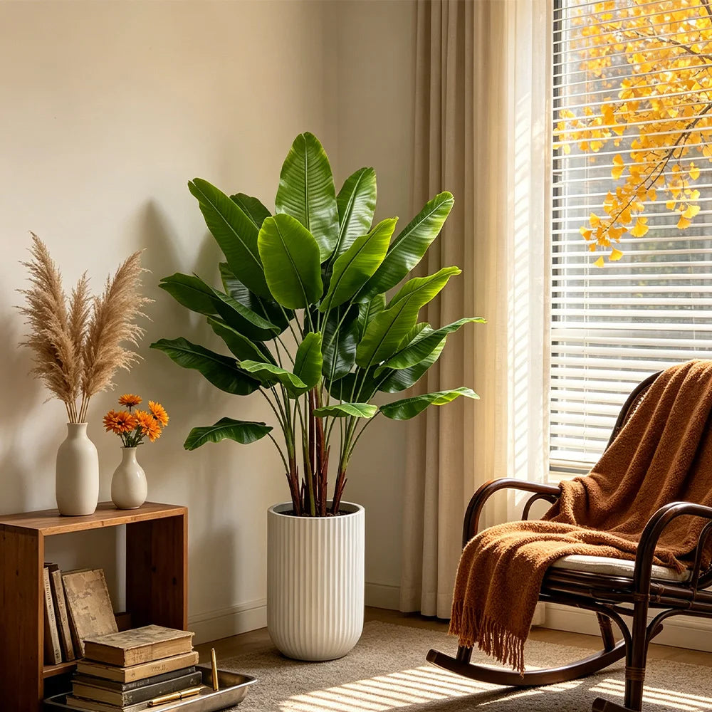 plante tropicale artificielle grande feuille verte bananier faux palmier décoration intérieure pot blanc tronc