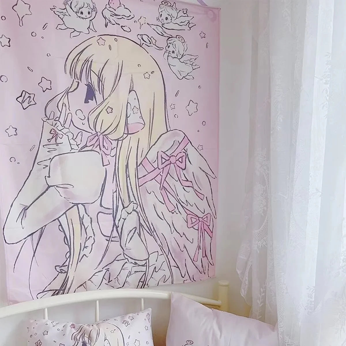 tapisserie anime rose fille ailes étoiles ange chambre décoration mur fond opaque