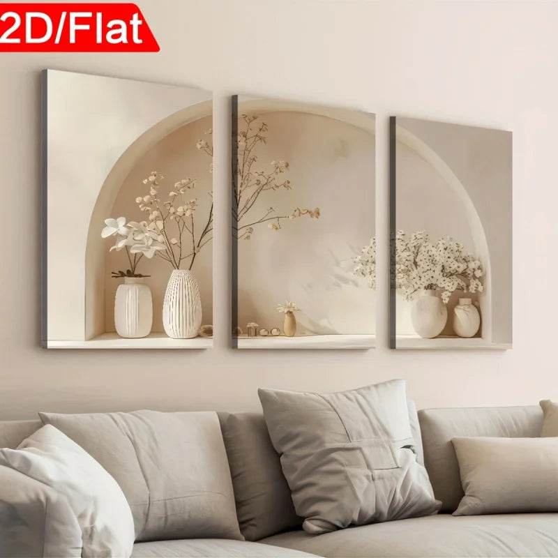 tableaux mural nature morte fleurs blanches vase blanc arche beige moderne encadrés miroir clips